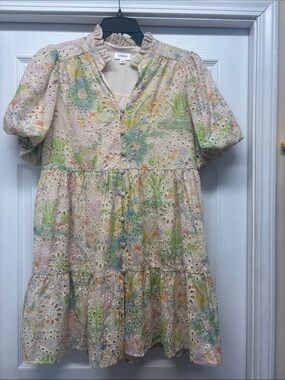 Lovelo Eyelet Lined Floral Tiered Puff Sleeve Ruffle Collar Pastel Floral DressM
